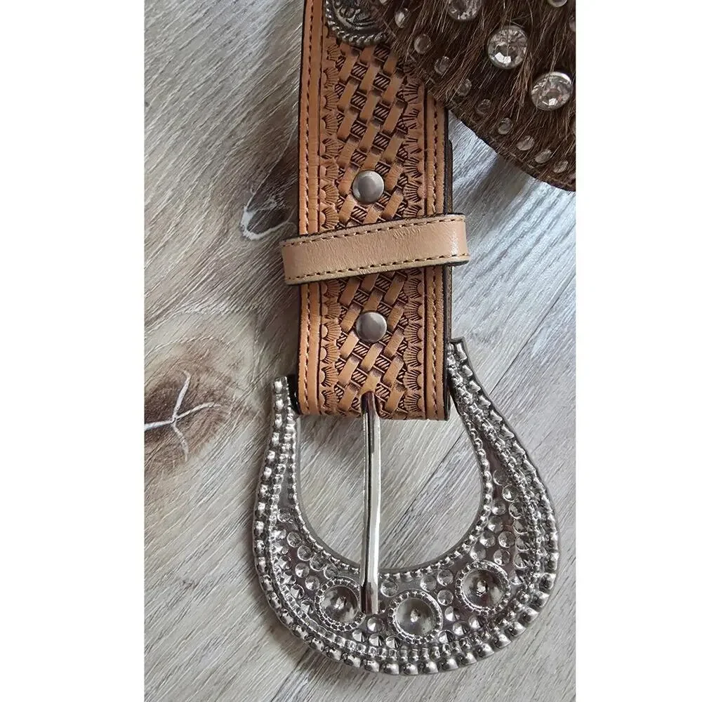 Nocona Calf Hair Leather Rhinestone Glam Belt Silver Tone Hardware sz 44 Western